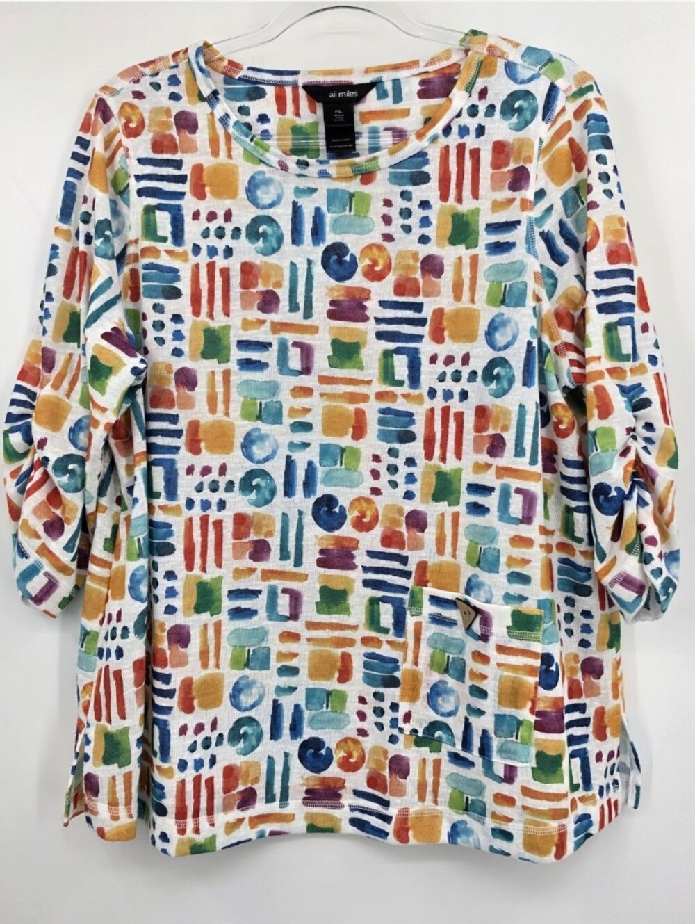 Ali Miles Watercolor Printed Top PXL Artsy Ruched 3/4 Sleeve White